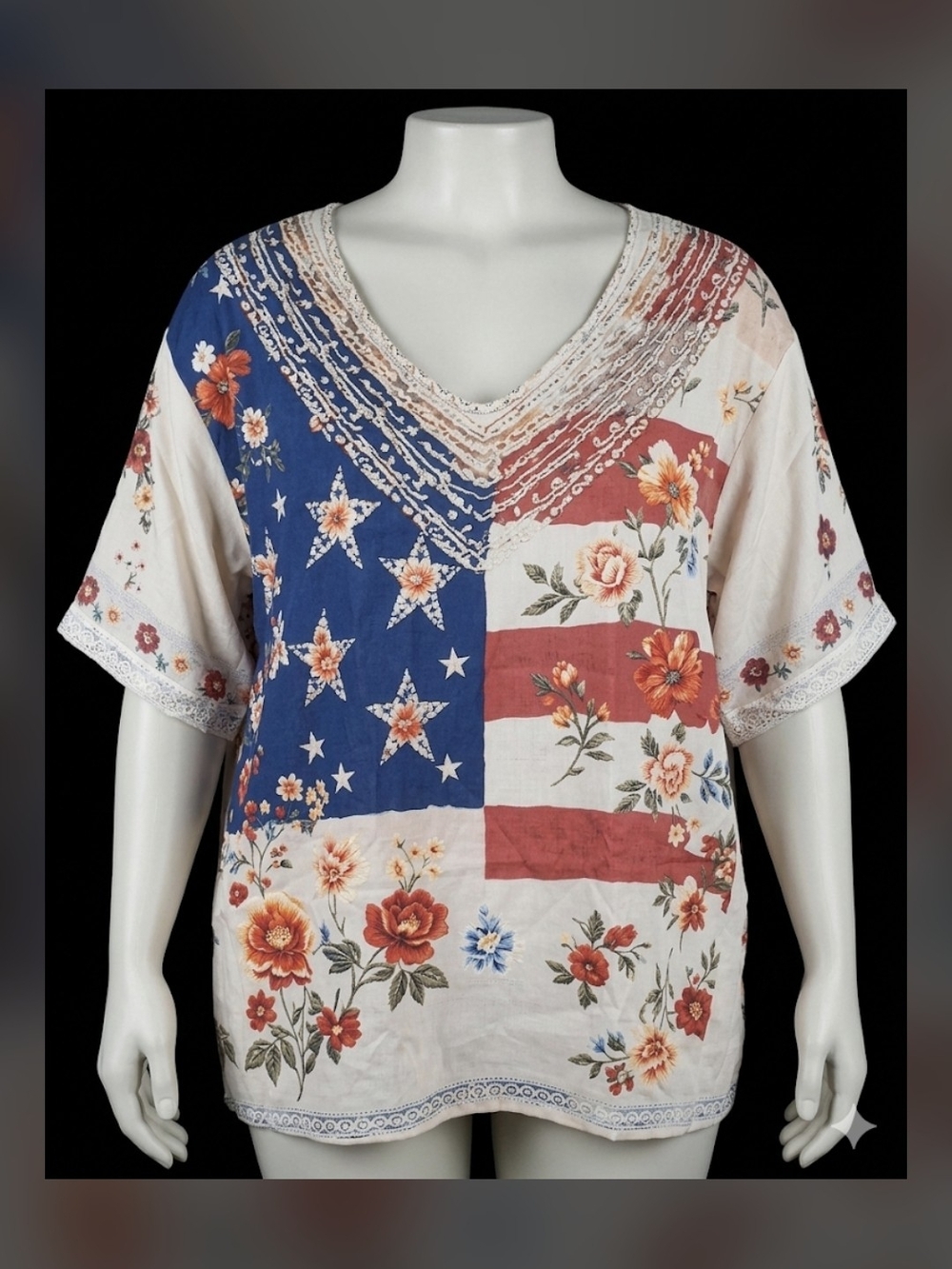 V-Neck Short Sleeve Patchwork Floral Tee - Red, White & Blue